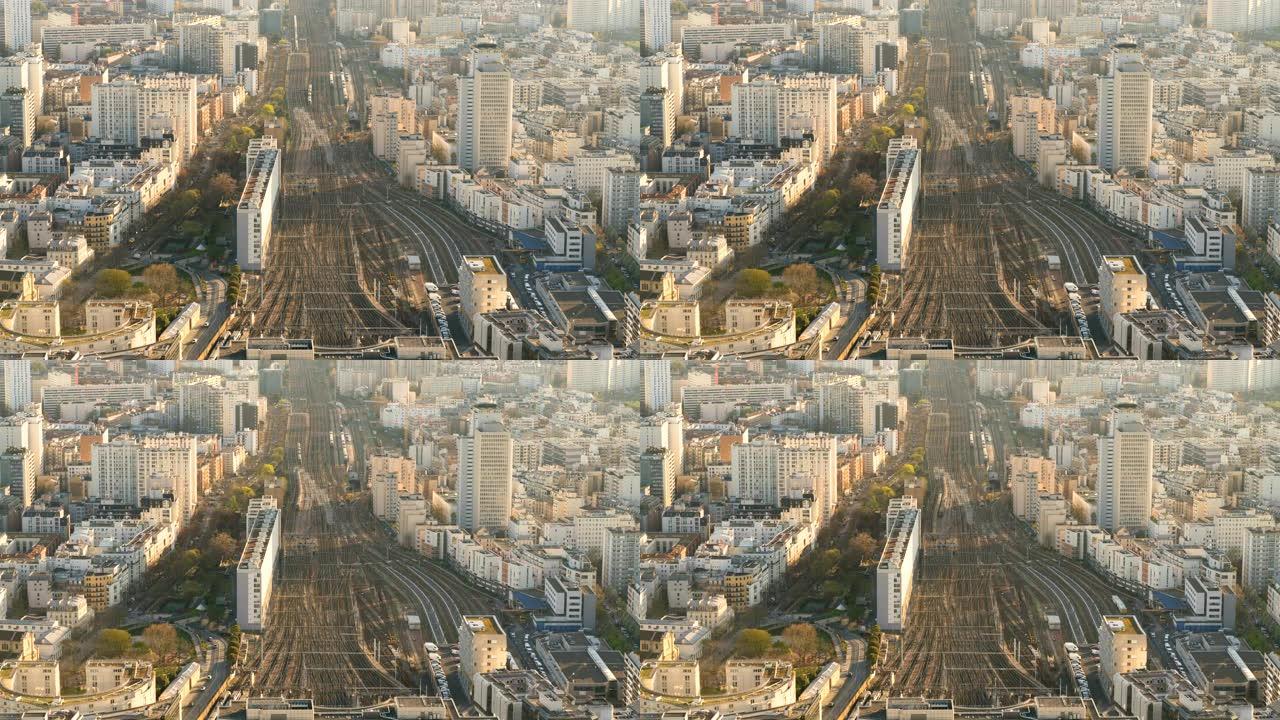 从延时上方看巴黎天际线的俯视图。欧洲大城市的主要地标，带有Vaugirard-Belt火车站。蒙帕纳