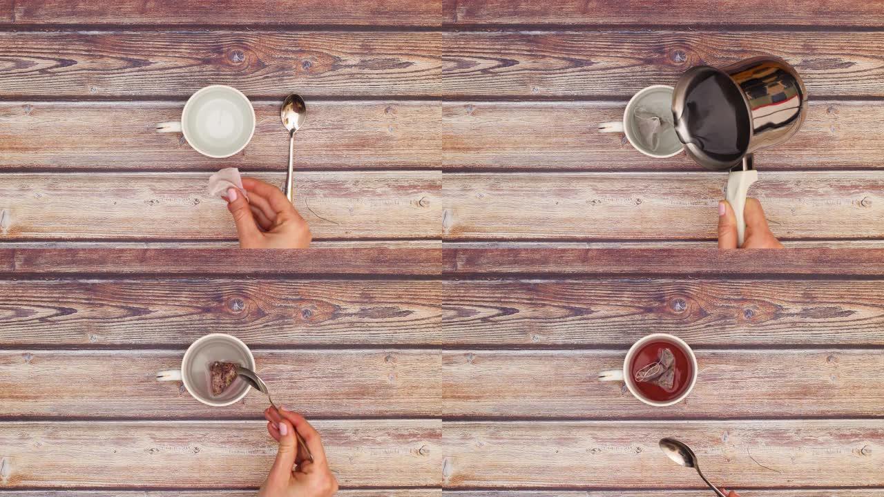 用热水和金属勺子在白色陶瓷杯中泡茶-停止运动