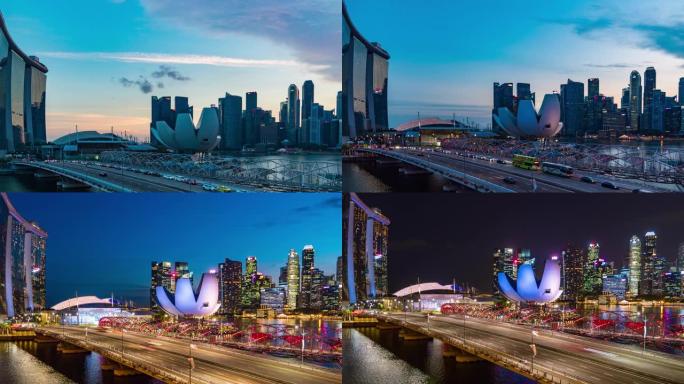 新加坡的天际线，交通丰富多彩，日夜延时视频