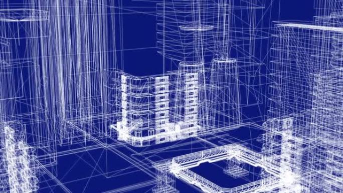 动画显示了地板设计的技术图，并绘制了非常详细的工业建筑3d模型