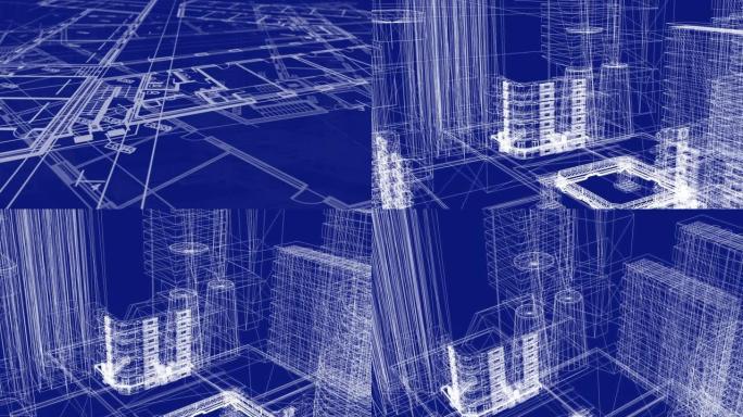 动画显示了地板设计的技术图，并绘制了非常详细的工业建筑3d模型