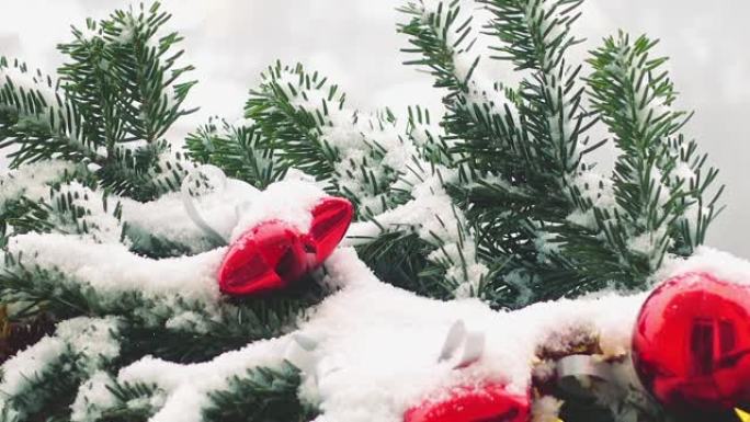 圣诞树的树枝装饰着雪下的玩具。