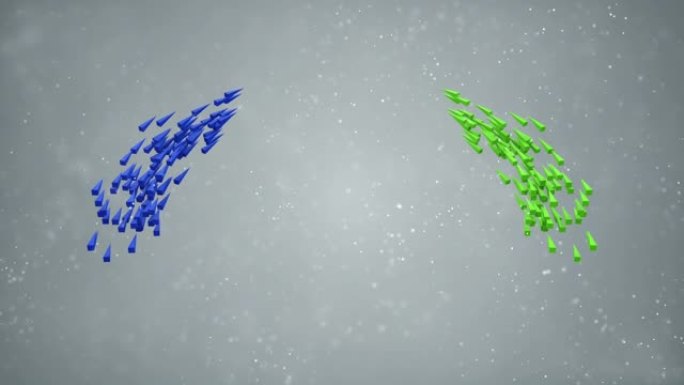 蓝色和绿色箭头在灰色背景上群飞，循环3D动画上有光