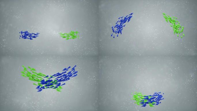 蓝色和绿色箭头在灰色背景上群飞，循环3D动画上有光