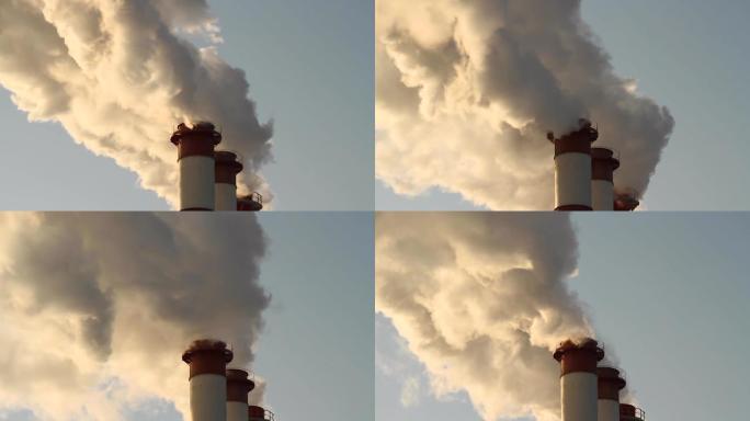 蓝天背景上的环境污染概念、管道和烟雾