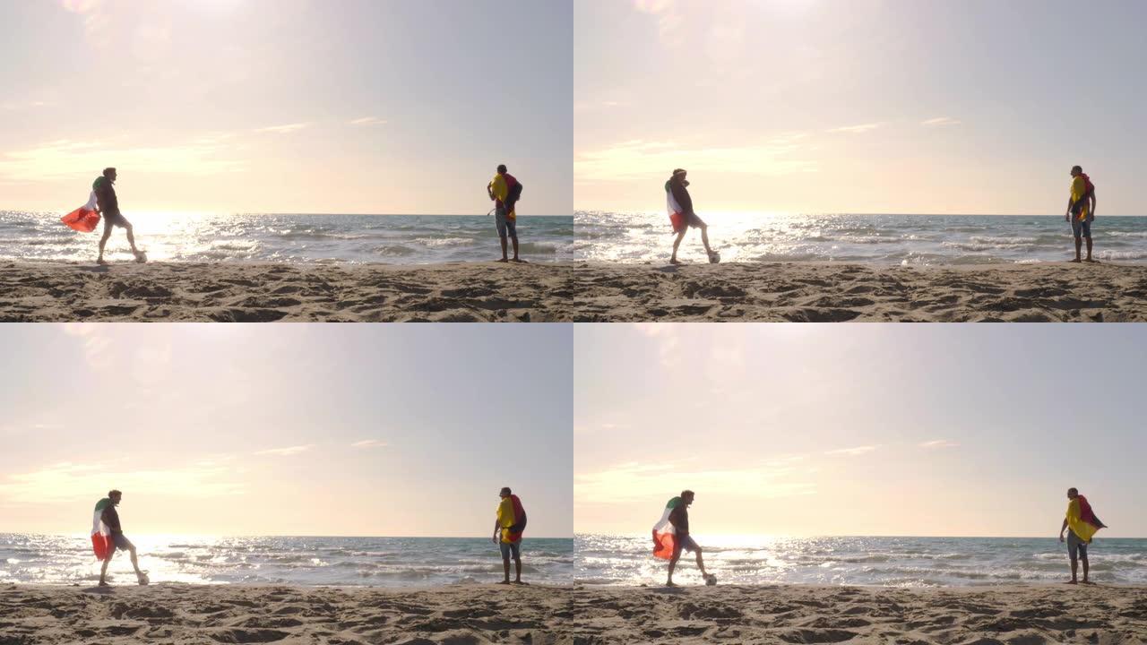 日落时分，两个戴着意大利和德国国旗的年轻人互相凝视，大海里坐着足球，坐在海滩海边