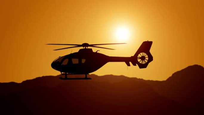 在神奇的日落期间，直升机飞越山脉进入云层的鸟瞰图