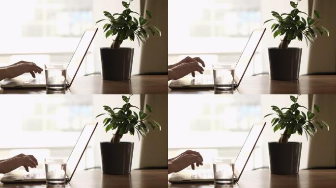 女性博客自由职业者在家庭办公室工作笔记本电脑。用键盘关闭女性的手。女人在窗户旁边的台式机上使用笔记本