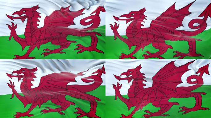 威尔士旗帜迎风飘扬与高度详细的织物质地。无缝循环