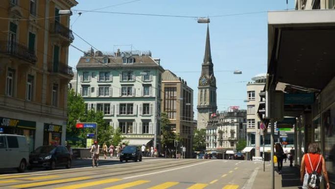 瑞士苏黎世市中心夏季晴天交通街慢动作全景4k