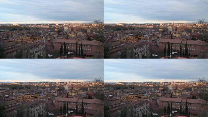 日落时罗马大教堂的屋顶和圆顶