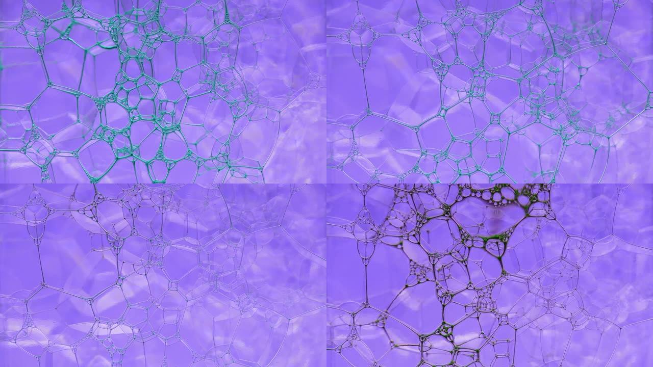 彩色肥皂泡沫与爆裂气泡背景。摘要生物结构，大分子模式。蓝色墨水填充了大量在液体中形成的紫色气泡。自然