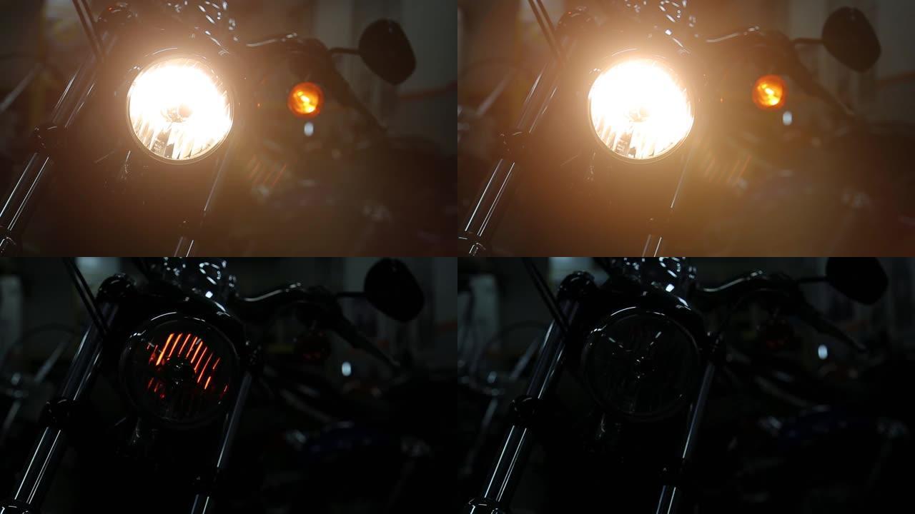 特写镜头关闭车库内摩托车的前灯。高清