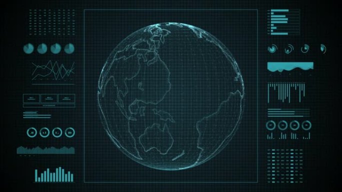 虚拟显示中的行星地球全息图。未来派用户界面HUD。游戏控制目标元素。技术霓虹灯数字。环球动画。
