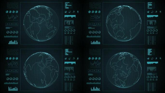 虚拟显示中的行星地球全息图。未来派用户界面HUD。游戏控制目标元素。技术霓虹灯数字。环球动画。