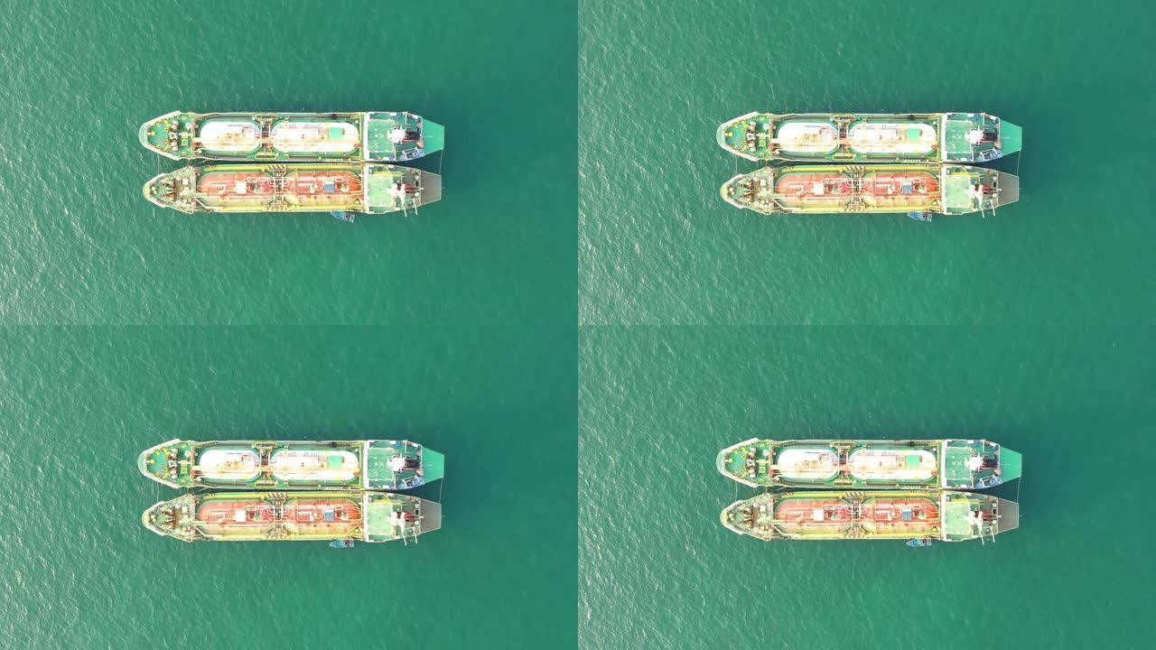 在海港运载液化石油气和油轮的船只的空中俯视图。用于运输的能源进出口业务