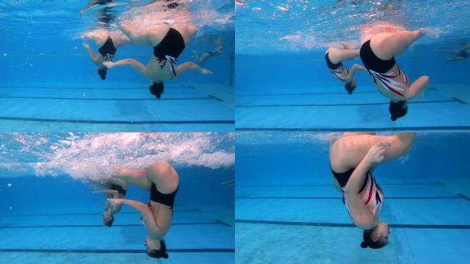 花样游泳运动员在游泳池中练习舞蹈的视频