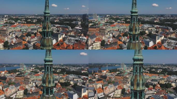 拉脱维亚里加-2019年5月: 圣彼得大教堂的里加老城美丽的空中全景。