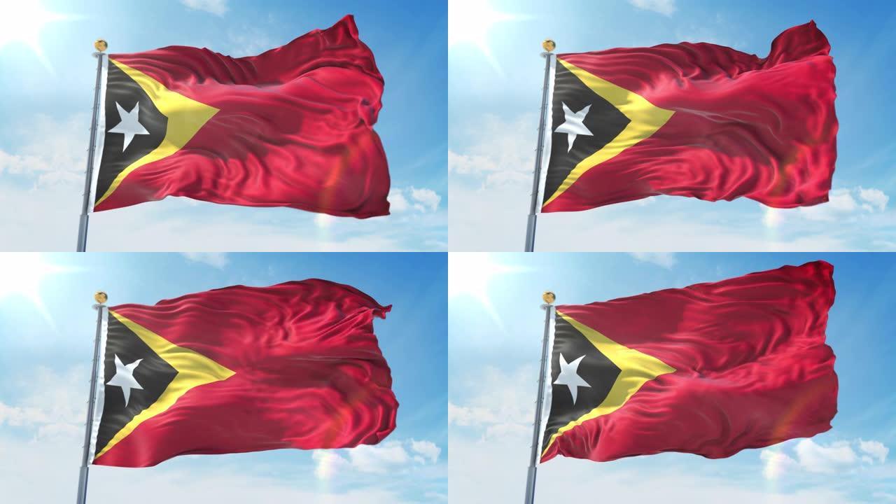 东帝汶国旗在深蓝色的天空中随风飘扬。国家主题，国际概念。3D渲染无缝循环4K