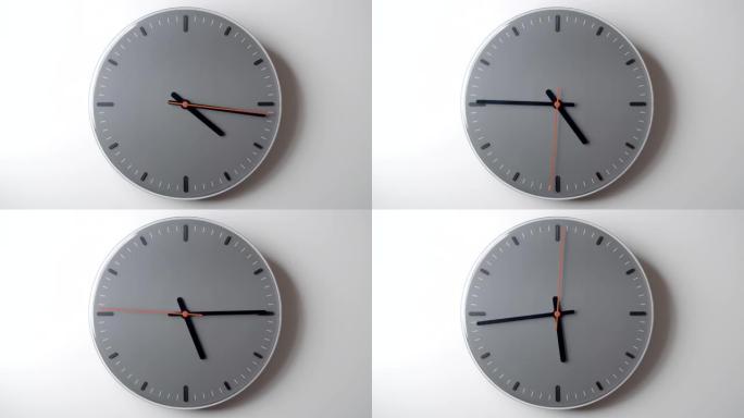 钟面在时间上从4到6小时在白色墙壁上流逝