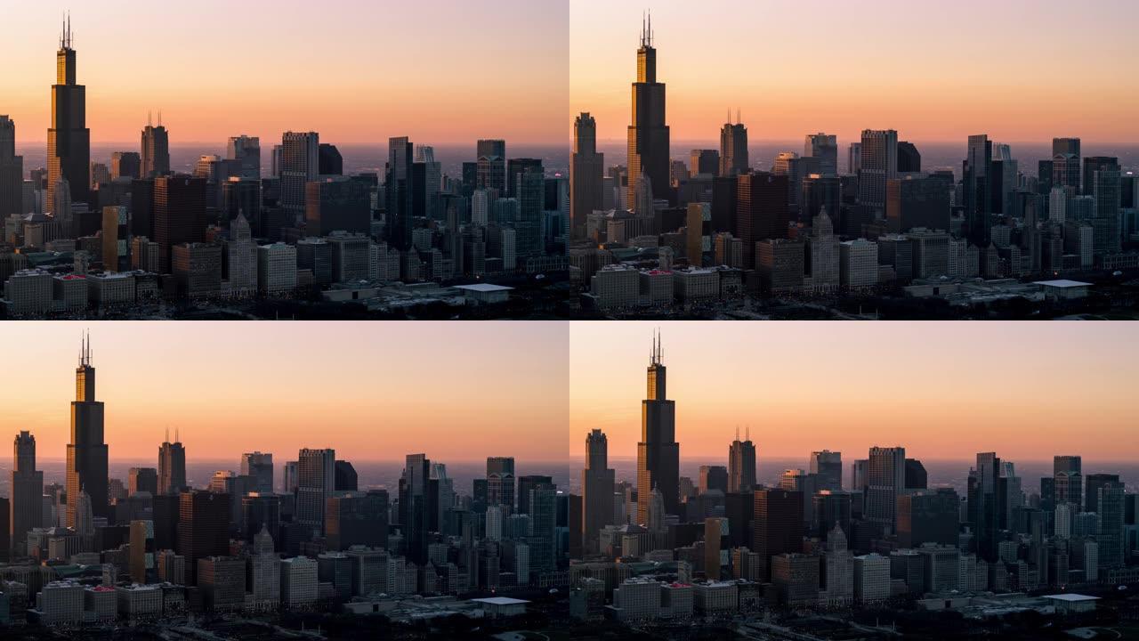 芝加哥市中心戏剧性的日落