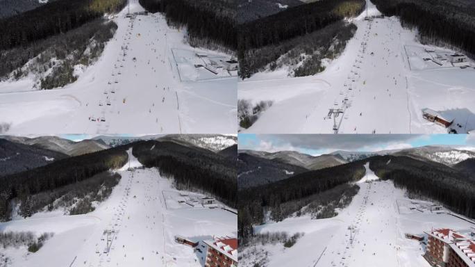 雪山滑雪胜地有滑雪者和滑雪缆车的空中滑雪场