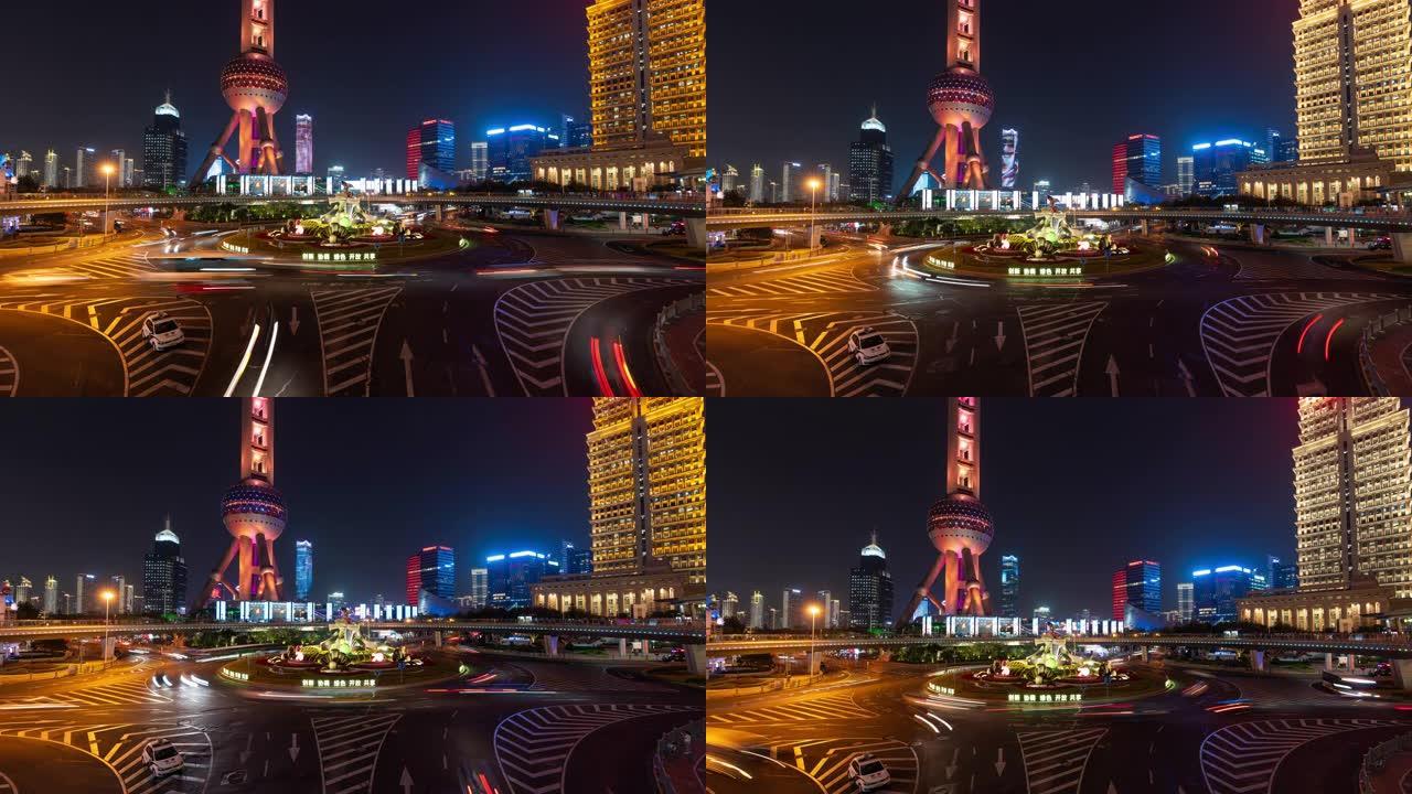 4k时间流逝: 中国上海陆家嘴明珠环岛人行天桥上的交通信号灯。
