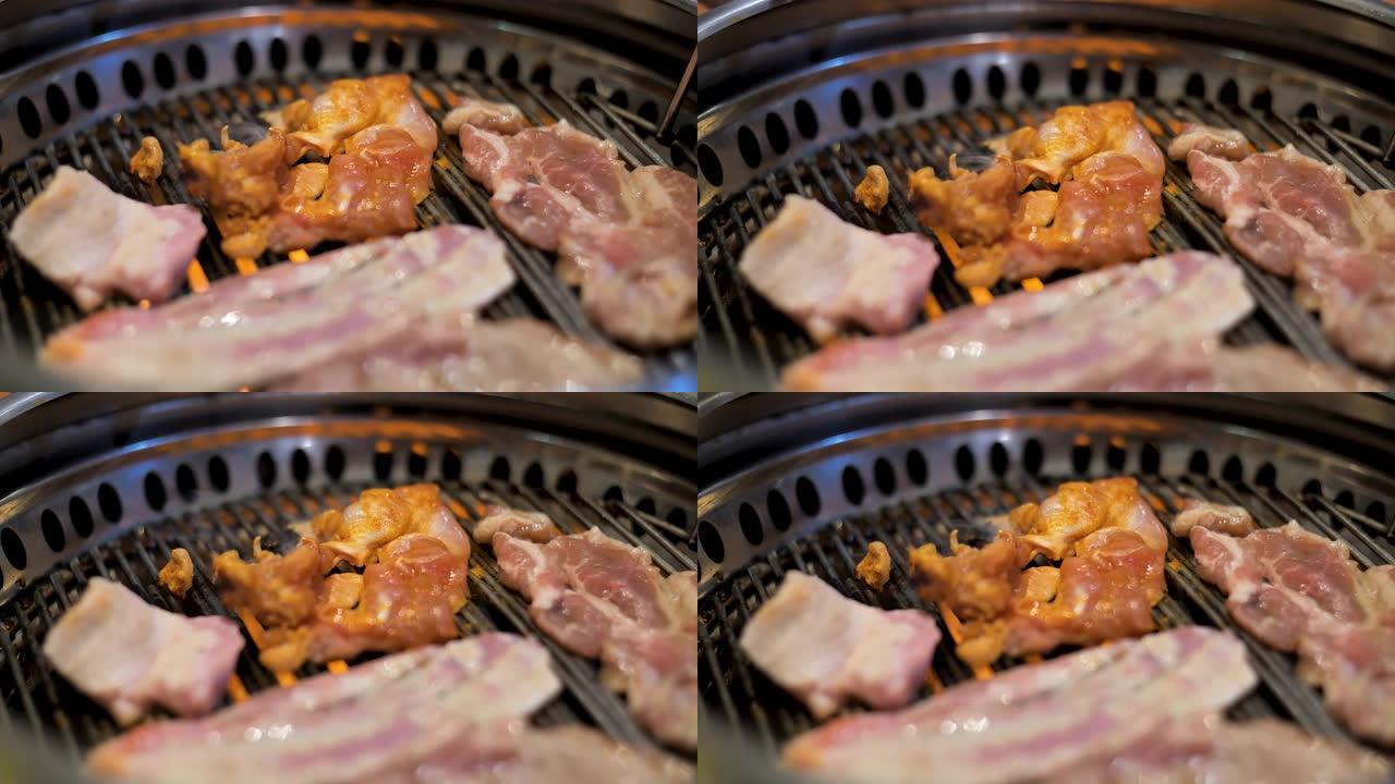 4k 3840烹饪食物背景，鸡肉陈年罕见烤隔离木炭烧烤。关闭鸡和猪肉混合成分。蛋白质营养健康需要日常