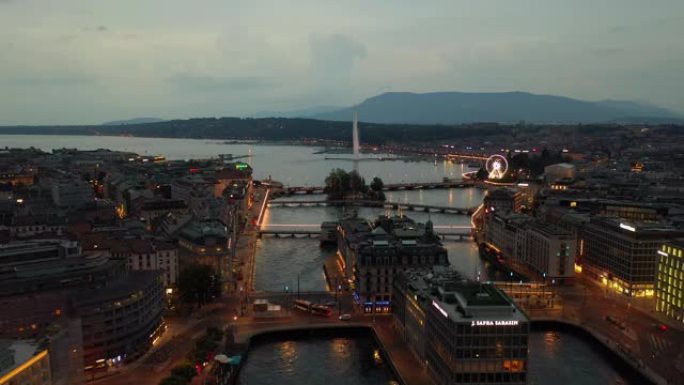 夜间照明日内瓦市中心湖滨湾空中全景4k瑞士