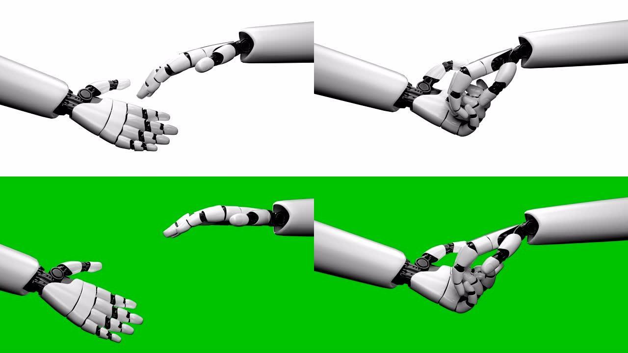 机器人手在3D渲染生成的白色背景和绿色屏幕上。