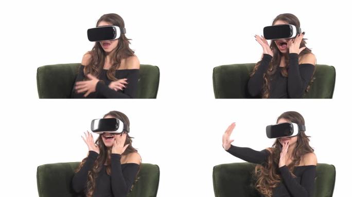 惊讶的女人在虚拟数字眼镜看视频。真实的情感。使用VR google震惊的白人妇女