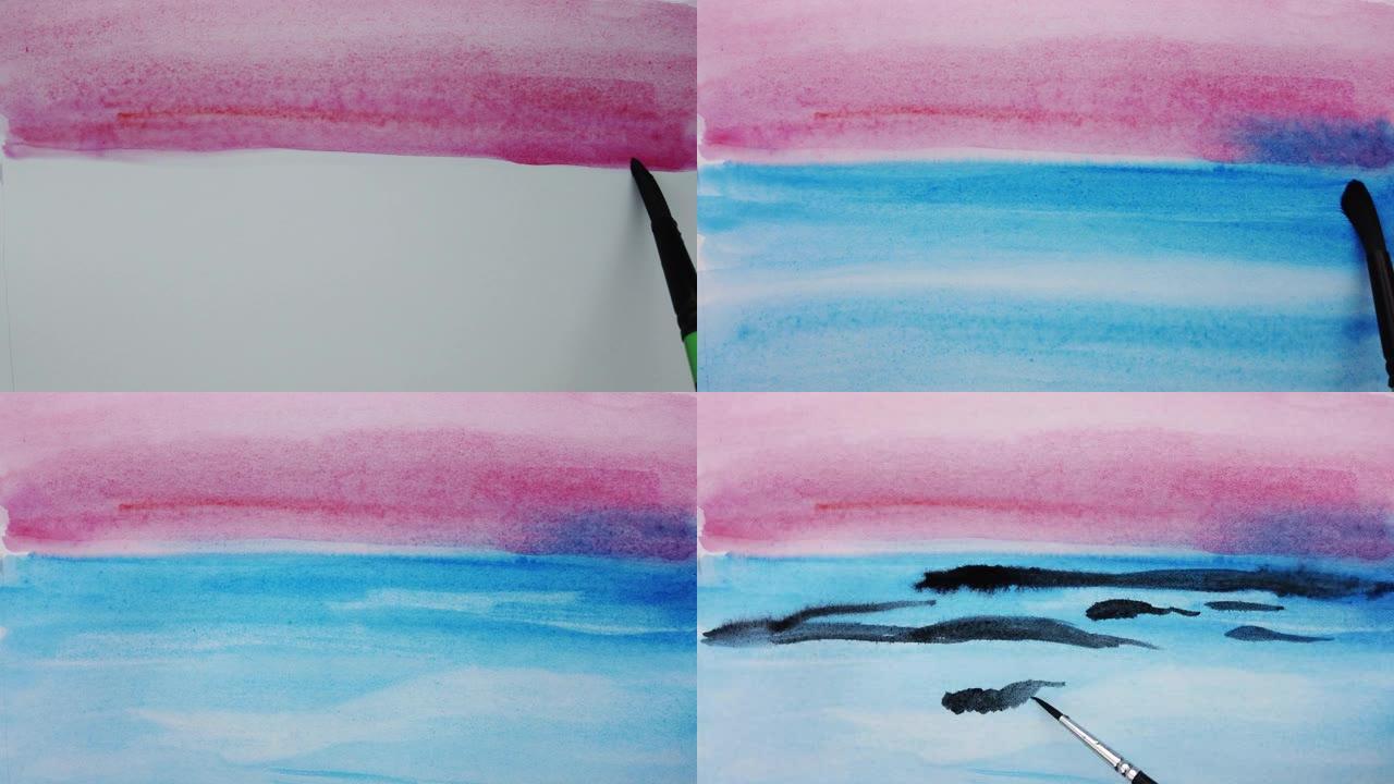 用水彩颜料在纸上画画。