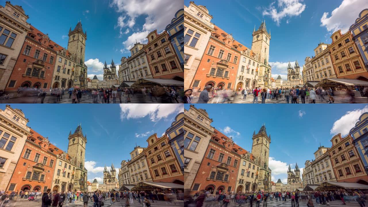 人们经过天文钟并穿过捷克共和国布拉格市中心的旧时代广场的时间流逝