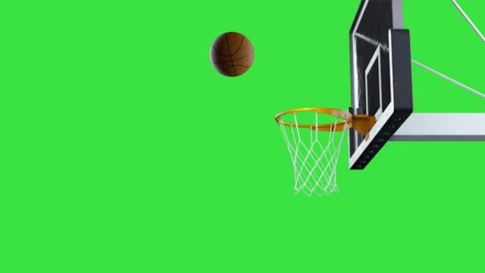 篮球在绿色背景下以慢动作击中篮筐