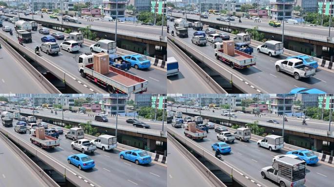 曼谷4k交通拥堵，车流车道运输