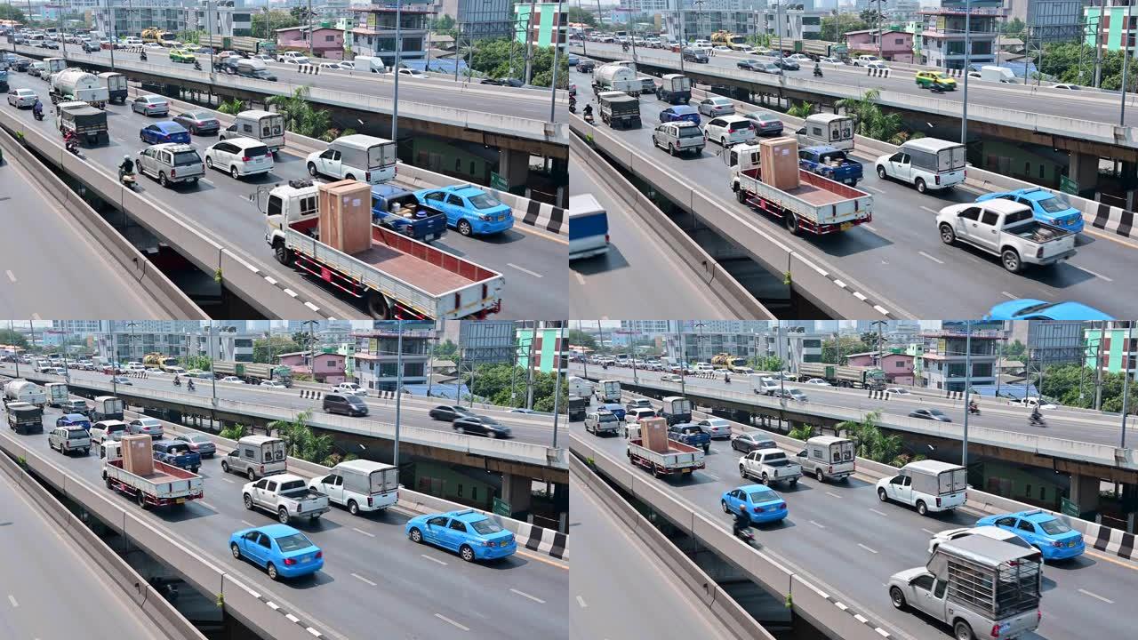 曼谷4k交通拥堵，车流车道运输