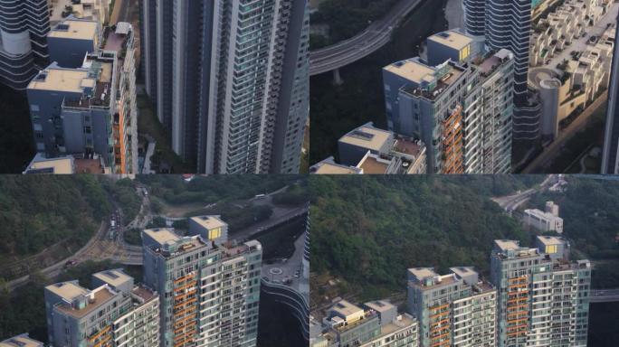 香港航空v187特写鸟景低飞在公寓大楼周围