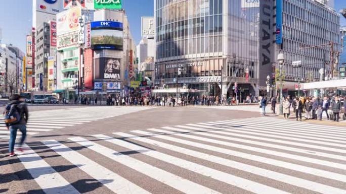 日本东京与乌鸦的涩谷过境时间流逝