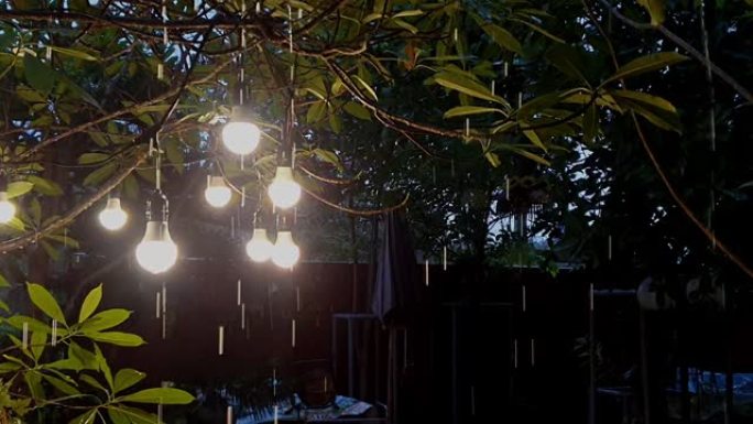 一扇窗户的景色，雨水从花园里的一盏灯落下。