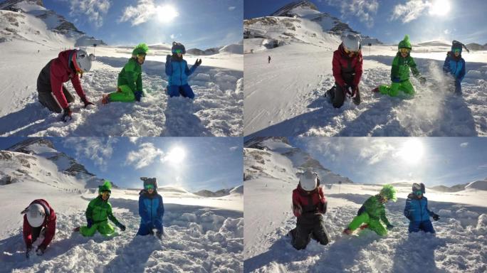 孩子们喜欢在阿尔卑斯山的冰川滑雪