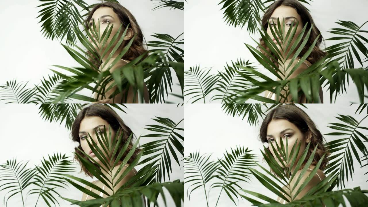 热带植物中晒黑的女孩。棕榈叶。