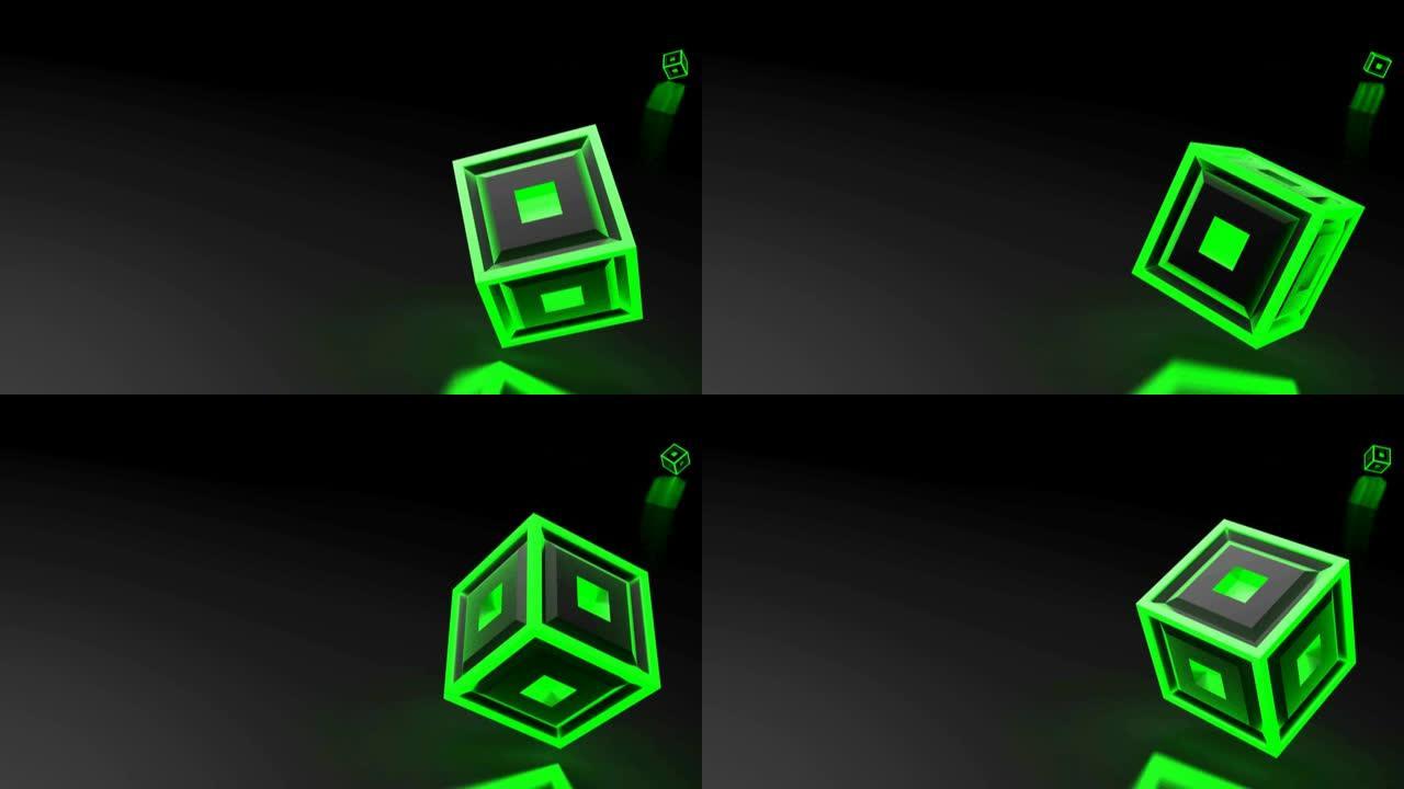 绿色发光结构的黑色立方体用白色网格翻转红色表面-3D渲染动画