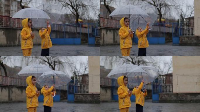 孩子们在下雨的时候玩得开心