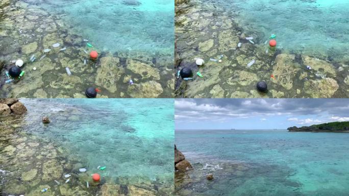 日本冲绳热带清水中漂浮的垃圾