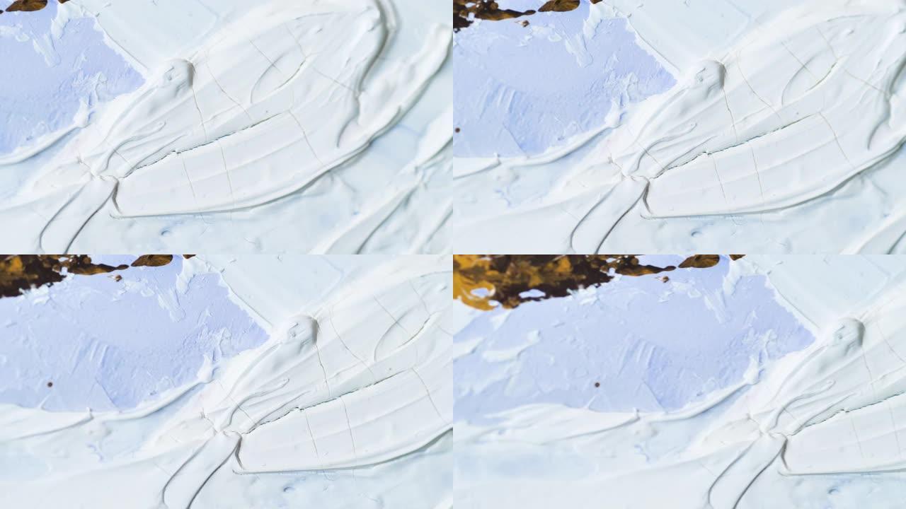 美丽的抽象背景画。白色和蓝色丙烯酸色背景纹理。运动4k视频，4096x2160镜头