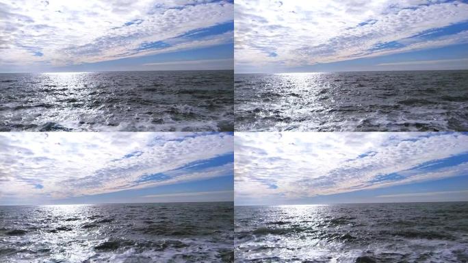 海浪撞击慢动作。美丽的蓝白相间的天空。环行海洋表面纹理。