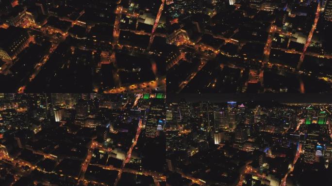 蒙特利尔魁北克航空v113飞越市中心滨水区，俯瞰城市景观之夜