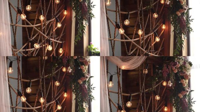 国家餐厅，婚礼，木框装饰着挂灯，发光