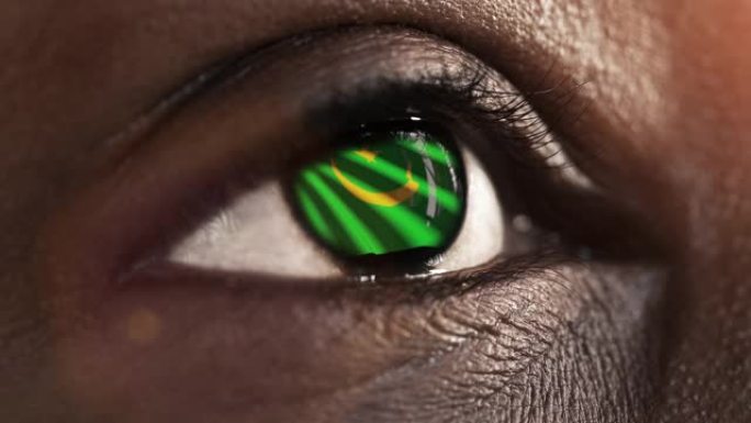 女人的黑眼睛在近距离与毛利塔尼亚旗在虹膜与风的运动。视频的概念