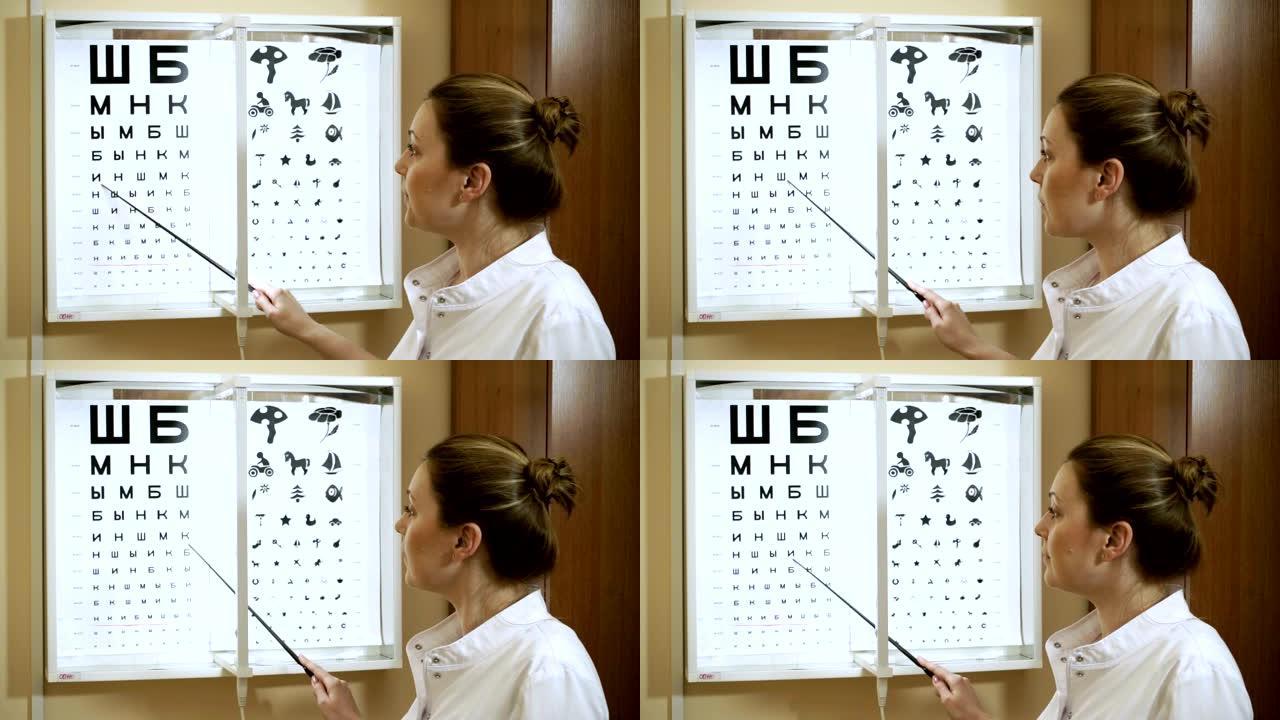年轻的金发女人在验光师检查视力。高清